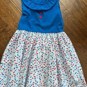 Eleanor Rose Blue and White Dress with Red Buttons